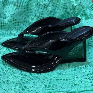 Good American Glossy Black Clear Heeled Sandals